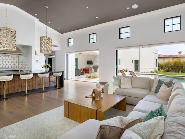 living room featuring a towering ceiling and wood-type flooring