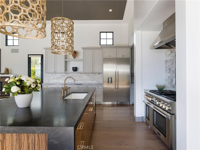 kitchen featuring sink, decorative backsplash, range hood, premium appliances, and gray cabinetry