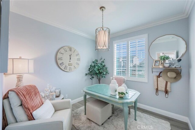 office with ornamental molding and hardwood / wood-style flooring