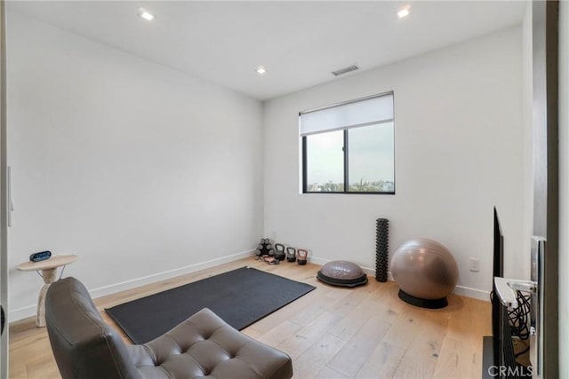 exercise room featuring light hardwood / wood-style flooring