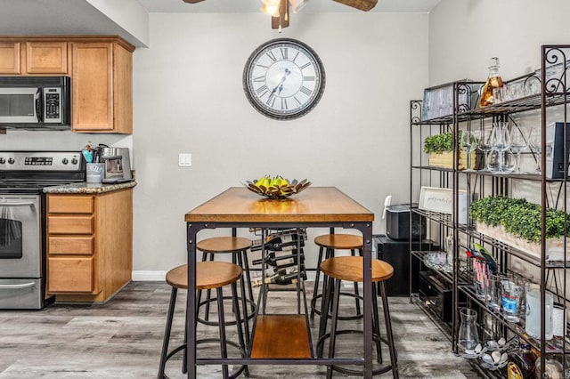 kitchen featuring hardwood / wood-style flooring, ceiling fan, and stainless steel electric range