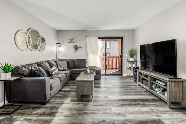 living room featuring dark wood-type flooring