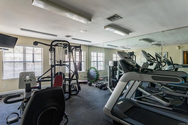 workout area featuring a textured ceiling and a healthy amount of sunlight