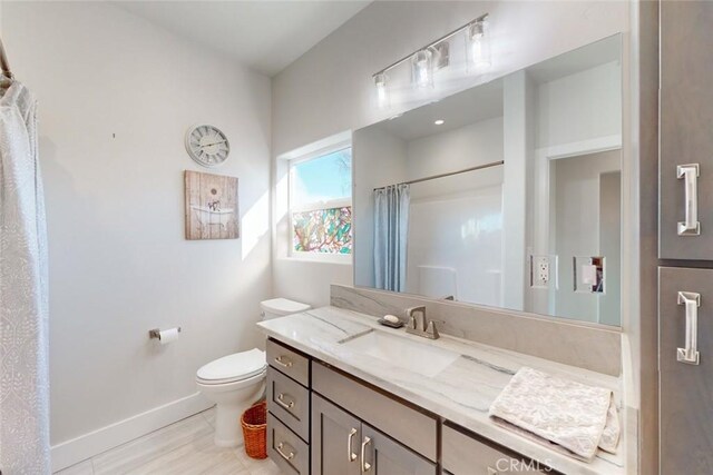 bathroom featuring vanity, a shower with shower curtain, and toilet