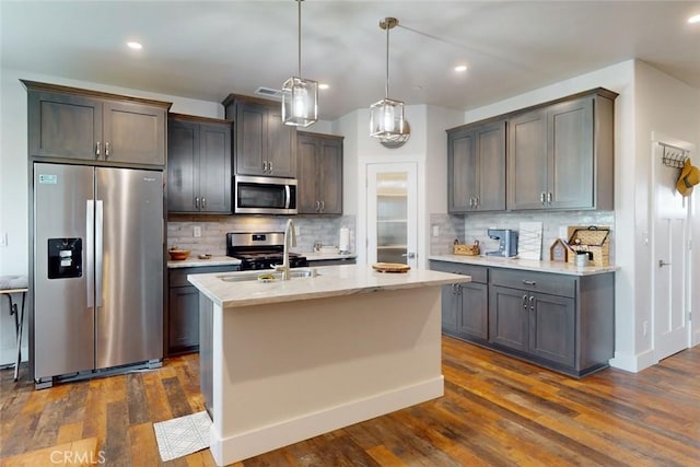 kitchen with appliances with stainless steel finishes, decorative light fixtures, an island with sink, sink, and decorative backsplash