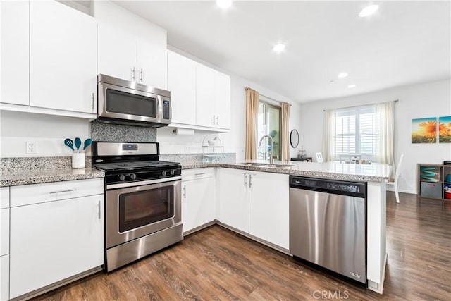 kitchen featuring sink, white cabinets, dark hardwood / wood-style flooring, kitchen peninsula, and stainless steel appliances