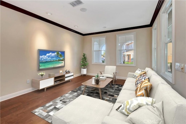 living room featuring crown molding and dark hardwood / wood-style floors