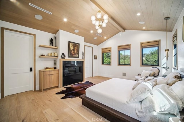 bedroom with vaulted ceiling with beams, a notable chandelier, wood ceiling, and light wood-type flooring