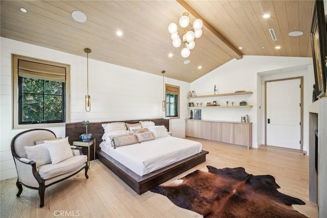 bedroom with multiple windows, light hardwood / wood-style flooring, wood ceiling, and vaulted ceiling with beams