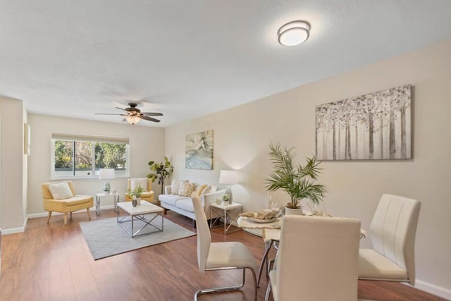 dining area featuring ceiling fan and wood-type flooring