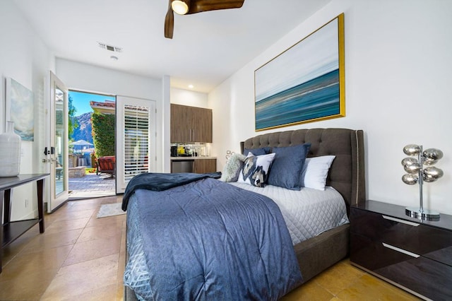 tiled bedroom featuring access to exterior and ceiling fan