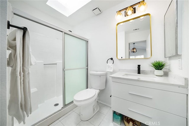 bathroom featuring a shower with door, tile patterned floors, vanity, and toilet