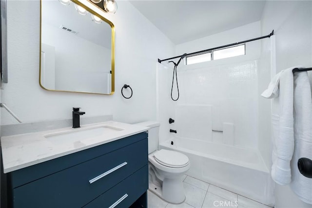 full bathroom with toilet, vanity, tile patterned floors, and bathtub / shower combination