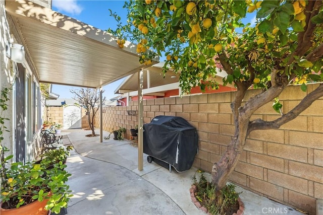 view of patio featuring a grill