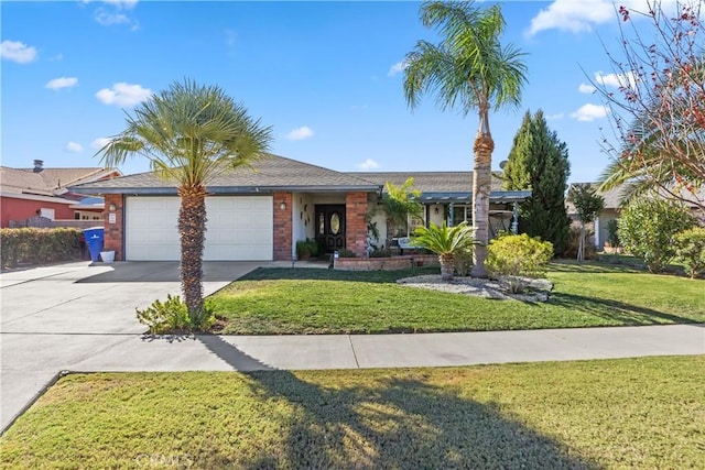 ranch-style home featuring a front lawn and a garage