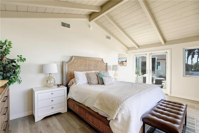 bedroom with vaulted ceiling with beams, access to outside, wood ceiling, and light hardwood / wood-style floors