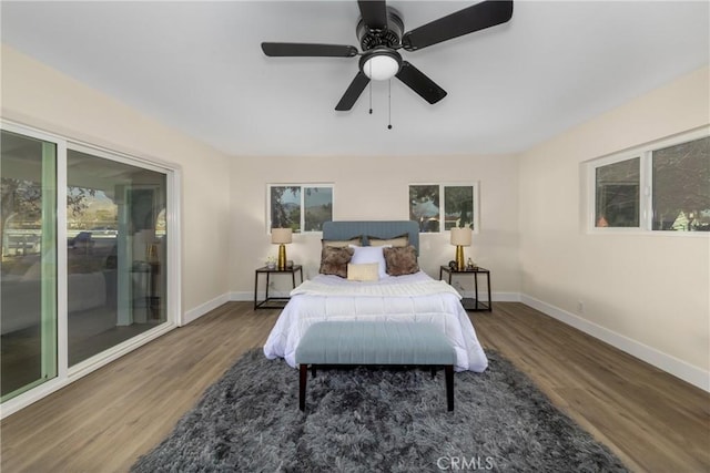 bedroom featuring multiple windows, ceiling fan, and dark hardwood / wood-style floors