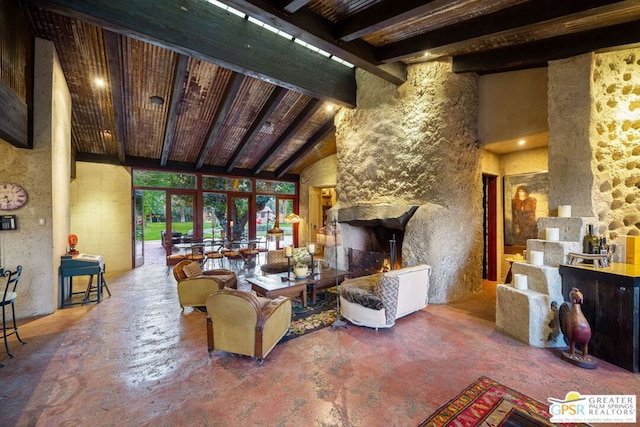 living room featuring high vaulted ceiling, french doors, and beamed ceiling