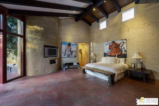 bedroom with high vaulted ceiling, access to outside, beamed ceiling, and multiple windows