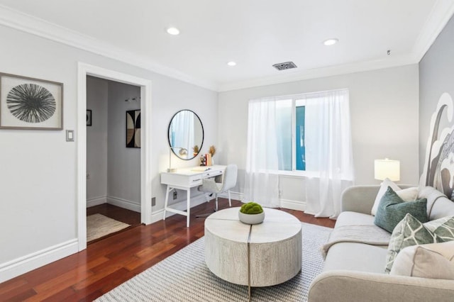 living room featuring dark hardwood / wood-style floors and crown molding