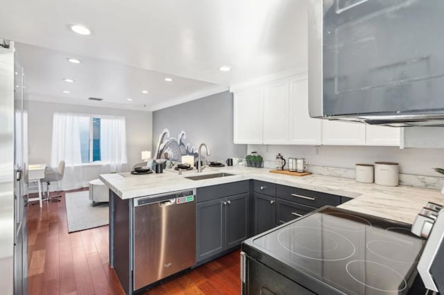 kitchen with sink, ornamental molding, dark hardwood / wood-style flooring, and stainless steel appliances