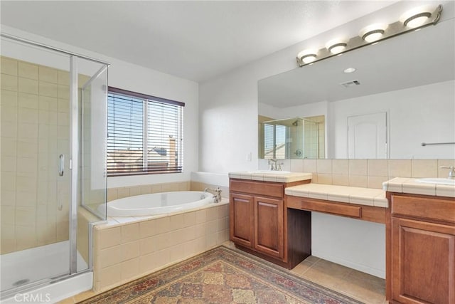 bathroom with plus walk in shower and vanity