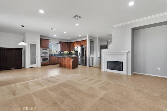 interior space with sink, crown molding, and light colored carpet