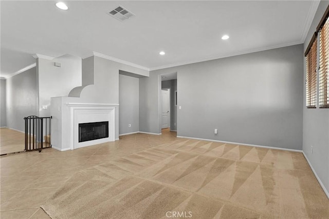 unfurnished living room with light carpet and ornamental molding