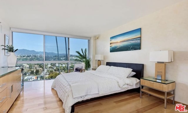 bedroom featuring a wall of windows, light hardwood / wood-style flooring, and a mountain view