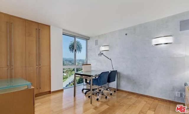 home office with floor to ceiling windows and light hardwood / wood-style flooring