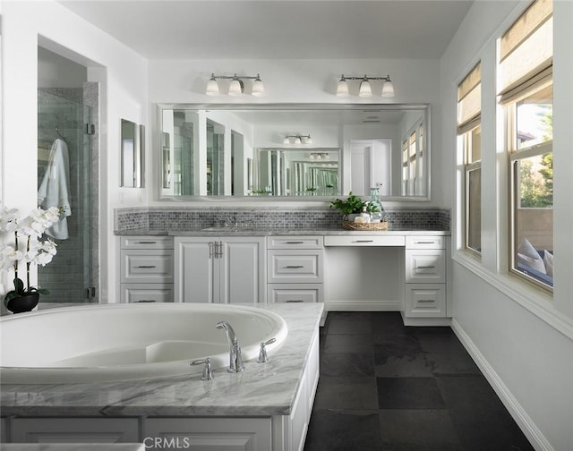 bathroom with separate shower and tub, decorative backsplash, and vanity