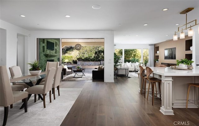 dining space with dark hardwood / wood-style flooring