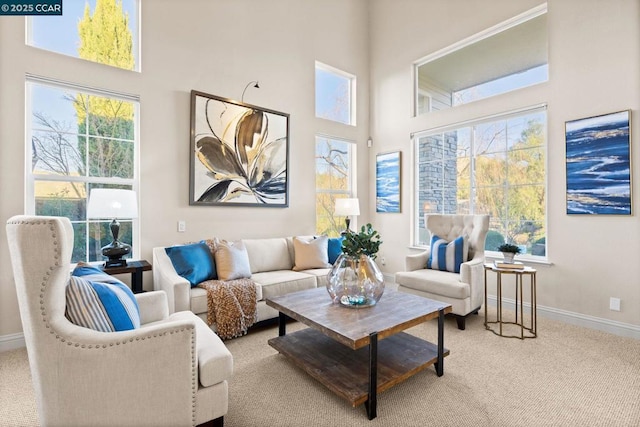 sitting room with a high ceiling and light colored carpet