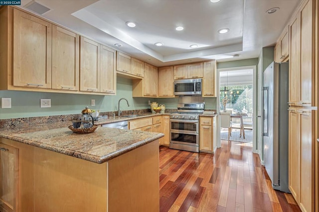 kitchen featuring light brown cabinets, a raised ceiling, kitchen peninsula, and appliances with stainless steel finishes