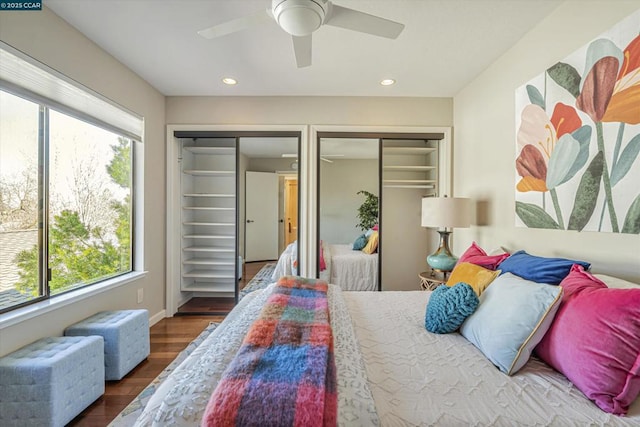 bedroom with hardwood / wood-style floors, multiple closets, ceiling fan, and multiple windows