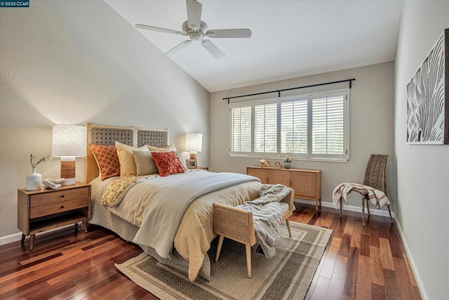 bedroom with lofted ceiling, dark wood-type flooring, and ceiling fan