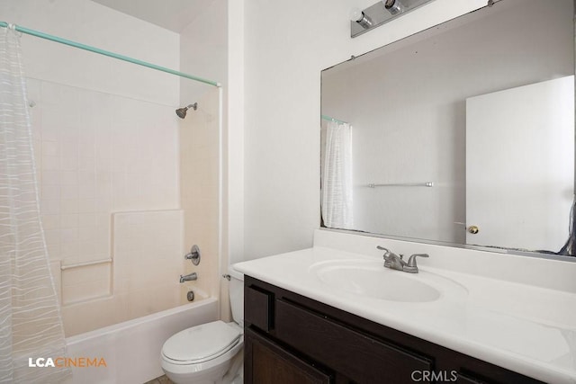 full bathroom with toilet, shower / bathtub combination with curtain, and vanity