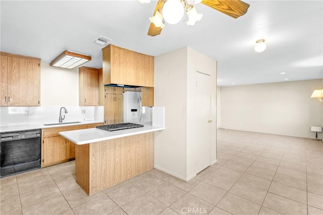 kitchen with white fridge with ice dispenser, black dishwasher, sink, light tile patterned flooring, and ceiling fan