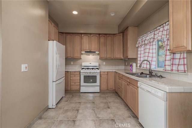 10401 Point Lakeview Rd, Kelseyville, CA 95451 - kitchen featuring a sink, light brown cabinets, under cabinet range hood, tile countertops, and white appliances