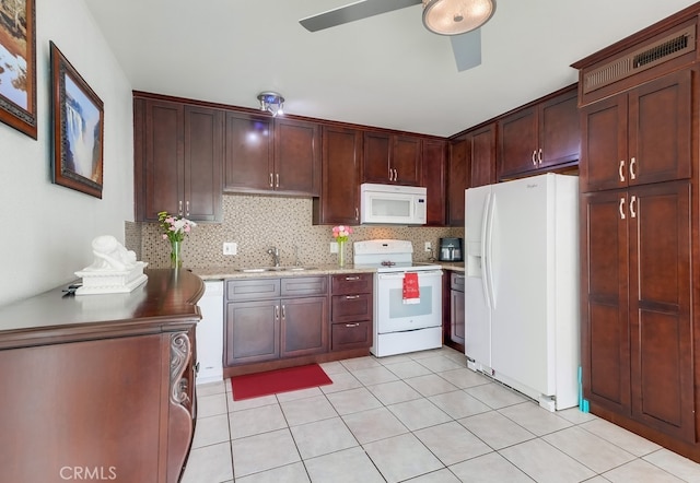 kitchen with white appliances, light tile patterned floors, decorative backsplash, ceiling fan, and sink