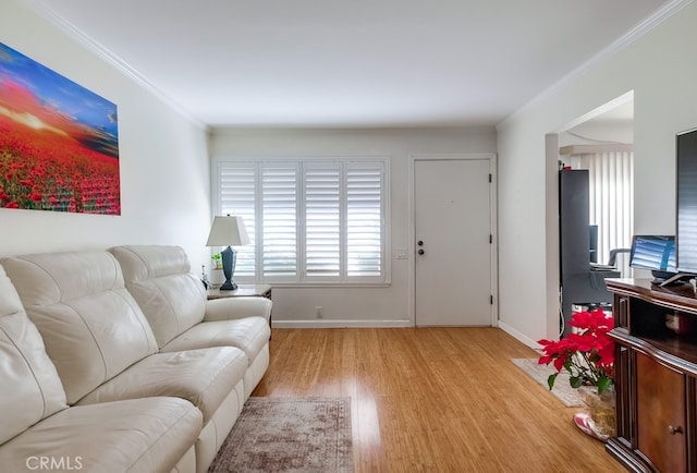 living room featuring ornamental molding and light hardwood / wood-style floors