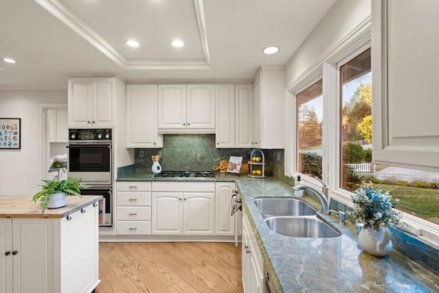 kitchen with appliances with stainless steel finishes, backsplash, a tray ceiling, white cabinets, and sink