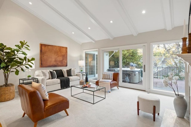 sunroom / solarium featuring vaulted ceiling with beams