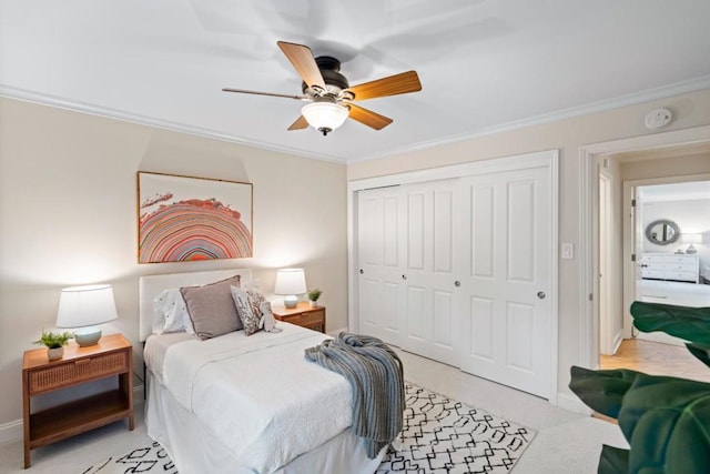 carpeted bedroom with ceiling fan, a closet, and ornamental molding