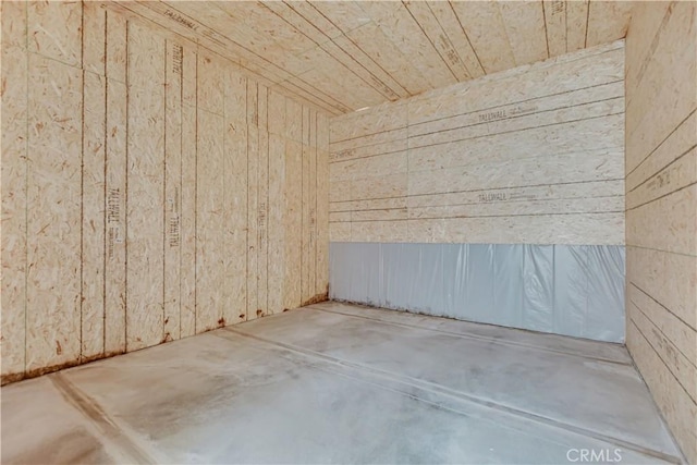 basement featuring wooden ceiling and wooden walls