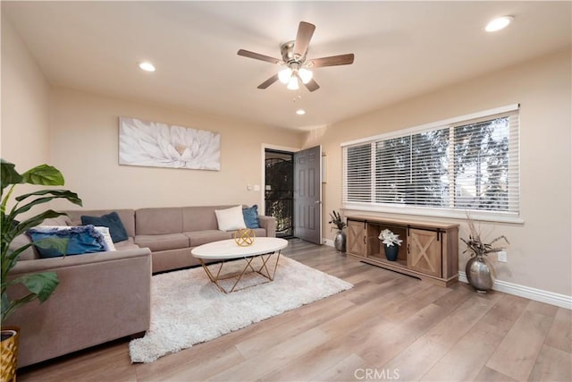 living room with ceiling fan and wood-type flooring