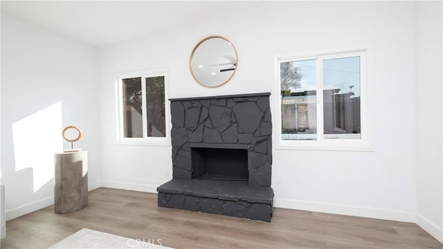 interior details featuring hardwood / wood-style flooring and a stone fireplace