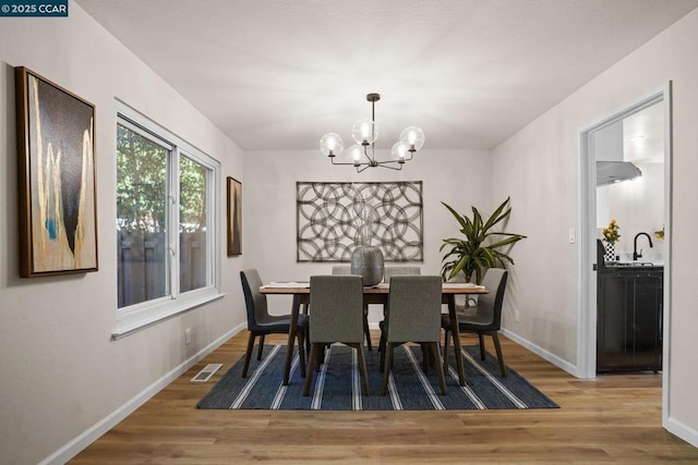 dining area featuring sink, wood-type flooring, and a notable chandelier