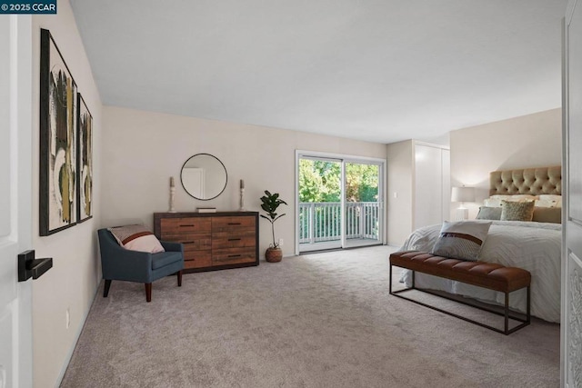 bedroom featuring light carpet and access to outside