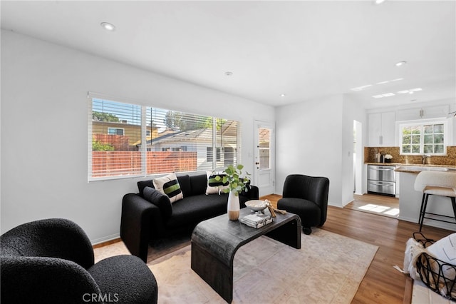 living room featuring light hardwood / wood-style floors and sink